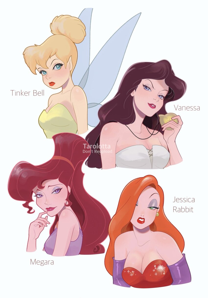 4girls artist_name bare_shoulders blonde_hair blue_eyes breasts brown_hair character_name cleavage commentary_request earrings fairy fairy_wings hair_bun hair_over_one_eye half-closed_eyes hercules_(1997_movie) highres holding_locket jessica_rabbit jewelry locket long_hair medium_breasts megara_(disney) multiple_girls necklace orange_hair pendant purple_eyes red_eyes red_lips single_hair_bun smile strapless tarolotta the_little_mermaid_(disney) tinker_bell_(disney) vanessa_(disney) walt_disney&#039;s_peter_pan watermark who_framed_roger_rabbit wings