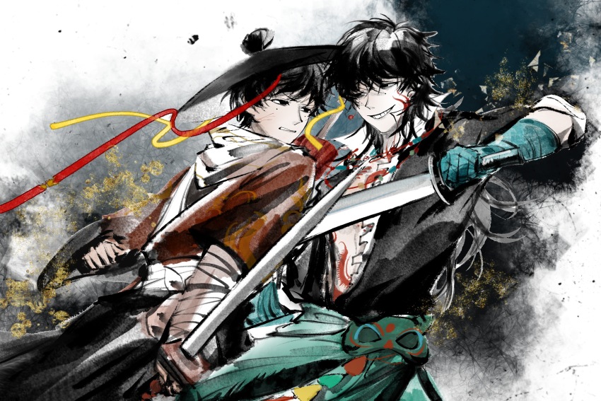 2boys absurdres ajirogasa aqua_sash black_hair black_hanfu black_hat black_jacket cen_boyao chest_tattoo chinese_clothes chinese_commentary commentary_request facial_tattoo grin hanfu hat highres huayangshan_jishi jacket karaiii male_focus mask mole mole_under_each_eye mole_under_eye multiple_boys multiple_moles open_clothes open_jacket open_shirt red_jacket shirt smile tattoo touqi_guaitan unworn_mask white_shirt zhao_yuwen