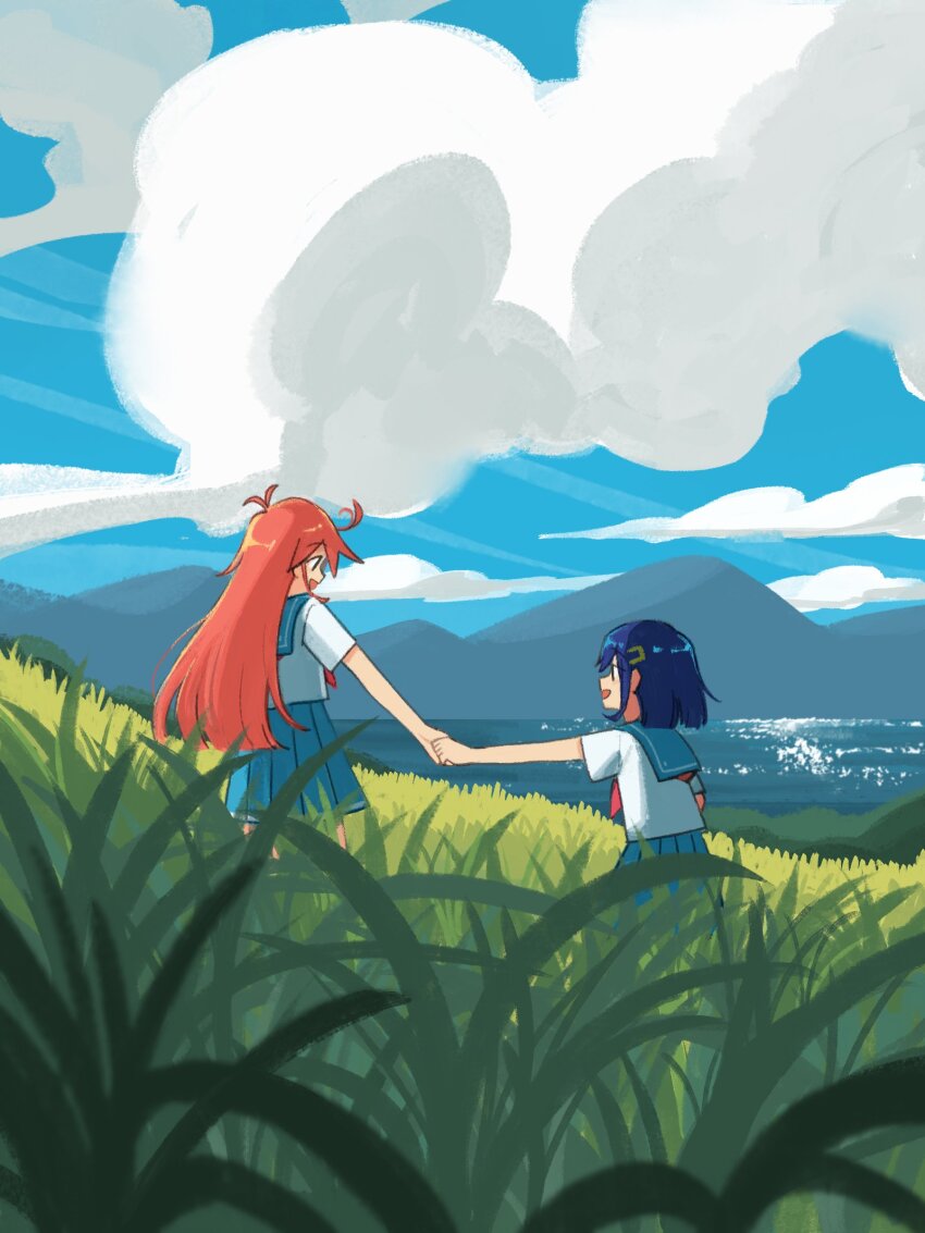 2girls absurdres ange_(angeban93) blue_hair blue_sky cloud cloudy_sky commentary english_commentary flip_flappers grass hair_ornament hairclip hand_grab highres kokomine_cocona long_hair looking_at_another mountainous_horizon multiple_girls neckerchief ocean open_mouth orange_hair outdoors papika_(flip_flappers) red_neckerchief school_uniform serafuku short_hair skirt sky smile