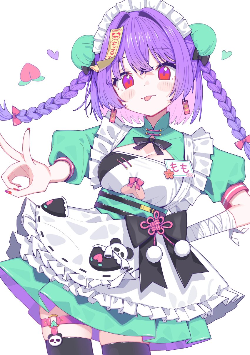 1girl absurdres bandaged_arm bandages black_thighhighs blush blush_stickers bow braid bun_cover chinese_clothes clothing_cutout double_bun dress earrings green_dress hair_bun hair_ornament hand_on_own_hip heart highres jewelry jiangshi long_hair looking_at_viewer maid_headdress morumoru_x nail_polish o-ring ofuda ofuda_earrings ofuda_on_head original puffy_short_sleeves puffy_sleeves purple_hair red_eyes red_nails short_sleeves simple_background smile solo thigh_strap thighhighs tongue tongue_out twin_braids v white_background white_headdress