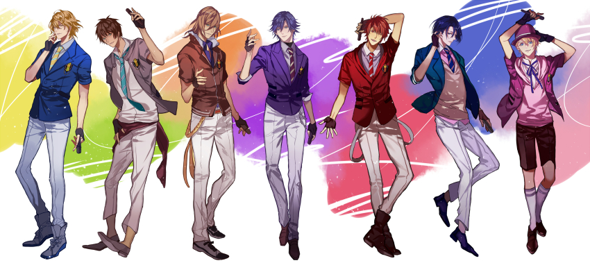 6+boys :d ;d absurdres aijima_cecil aqua_eyes aqua_necktie arm_behind_head black_gloves blonde_hair blue_eyes blue_hair blue_jacket blue_necktie blue_ribbon boots brown_footwear brown_gloves brown_hair brown_jacket brown_sash brown_shorts brown_sweater_vest collared_shirt dark-skinned_male dark_skin fedora fingerless_gloves full_body glasses gloves grey_footwear grey_pants grey_shirt hair_behind_ear hair_between_eyes tucking_hair haizhe half_gloves hand_on_own_hip hand_on_own_face hand_up hat high_collar highres hijirikawa_masato holding holding_microphone hood hood_down hoodie ichinose_tokiya ittoki_otoya jacket jinguuji_ren kurusu_shou looking_at_viewer male_focus medium_hair microphone multicolored_background multiple_boys neck_ribbon necktie one_eye_closed open_clothes open_collar open_hand open_jacket open_mouth orange_hair pants parted_lips pink_headwear pink_hoodie pink_jacket pink_shirt purple_footwear purple_hair purple_jacket purple_necktie purple_shirt red_eyes red_hair red_jacket red_necktie ribbon shinomiya_natsuki_(uta_no_prince-sama) shirt shoes short_hair short_sleeves shorts three-quarter_sleeves smile sneakers starish striped_necktie sweater_vest uta_no_prince-sama white_pants yellow_eyes yellow_necktie