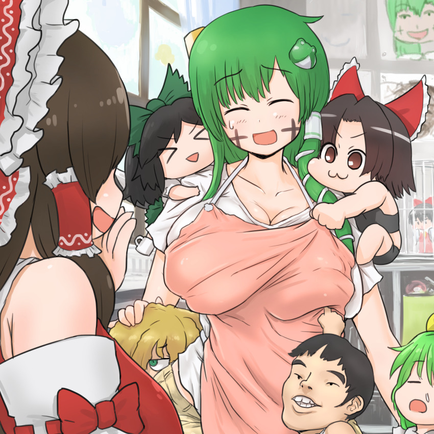 &gt;_&lt; 6+girls :3 :d aged_down apron benikurage_(cookie) black_hair black_shirt black_shorts blonde_hair bow breasts brown_eyes brown_hair cage child cleavage closed_eyes closed_mouth commentary_request cookie_(touhou) cross cup daiyousei detached_sleeves diyusi_(cookie) facepaint frilled_bow frilled_hair_tubes frills frog_hair_ornament green_bow green_eyes green_hair green_skirt hair_between_eyes hair_bow hair_ornament hair_tubes hakurei_reimu hide_(acceed) highres indoors kanna_(cookie) kirisame_marisa kochiya_sanae large_breasts long_hair looking_at_another manatsu_no_yo_no_inmu mars_(cookie) medium_hair mug multiple_girls nadeko_(cookie) open_mouth otemoto_(baaaaloooo) paseri_(cookie) pink_apron red_bow red_shirt reiuji_utsuho sakenomi_(cookie) shirt short_hair shorts skirt sleeve_bow sleeveless sleeveless_shirt smile snake_hair_ornament touhou upper_body white_shirt window yellow_bow
