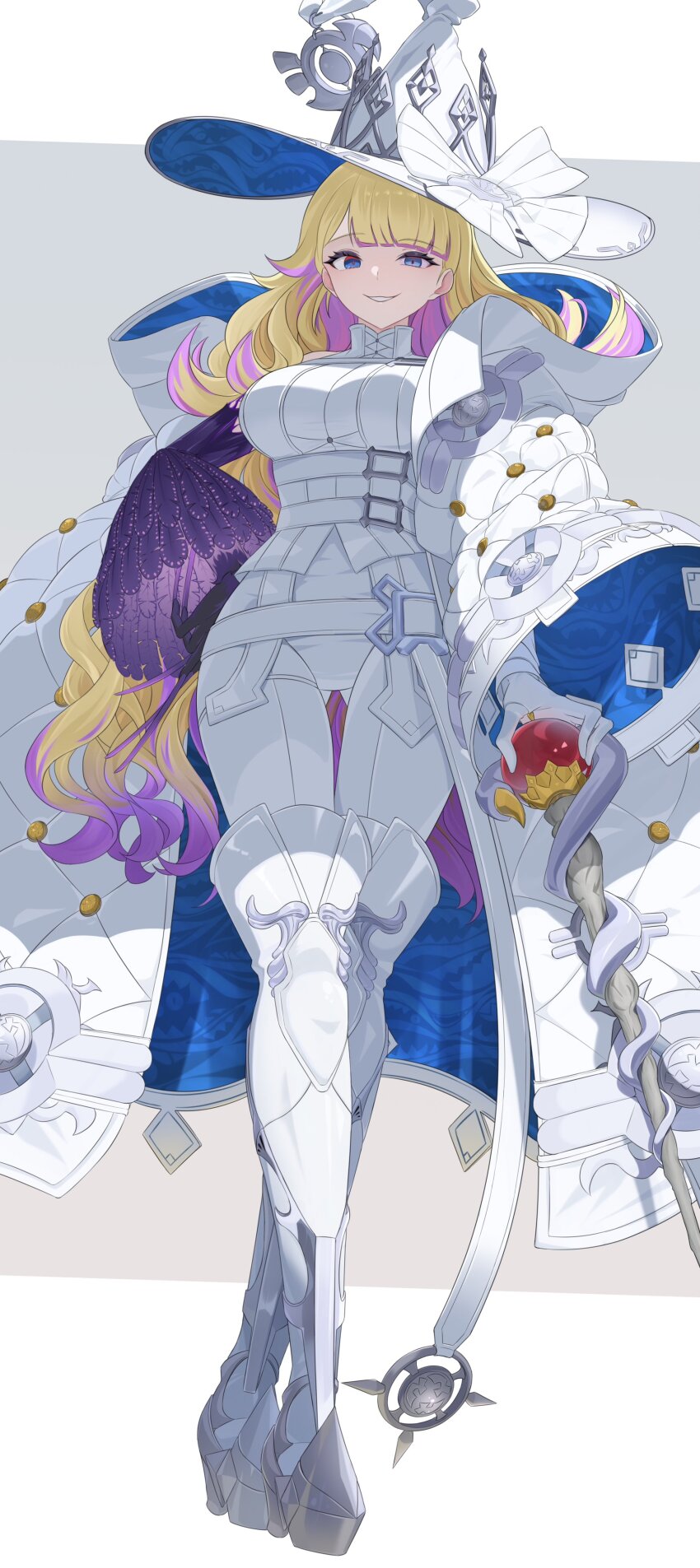 1girl absurdres blonde_hair breasts diabellze_the_original_sinkeeper duel_monster gloves gluteal_fold grin hat heichi highres large_breasts long_hair multicolored_hair purple_hair smile solo staff streaked_hair witch witch_hat yu-gi-oh!