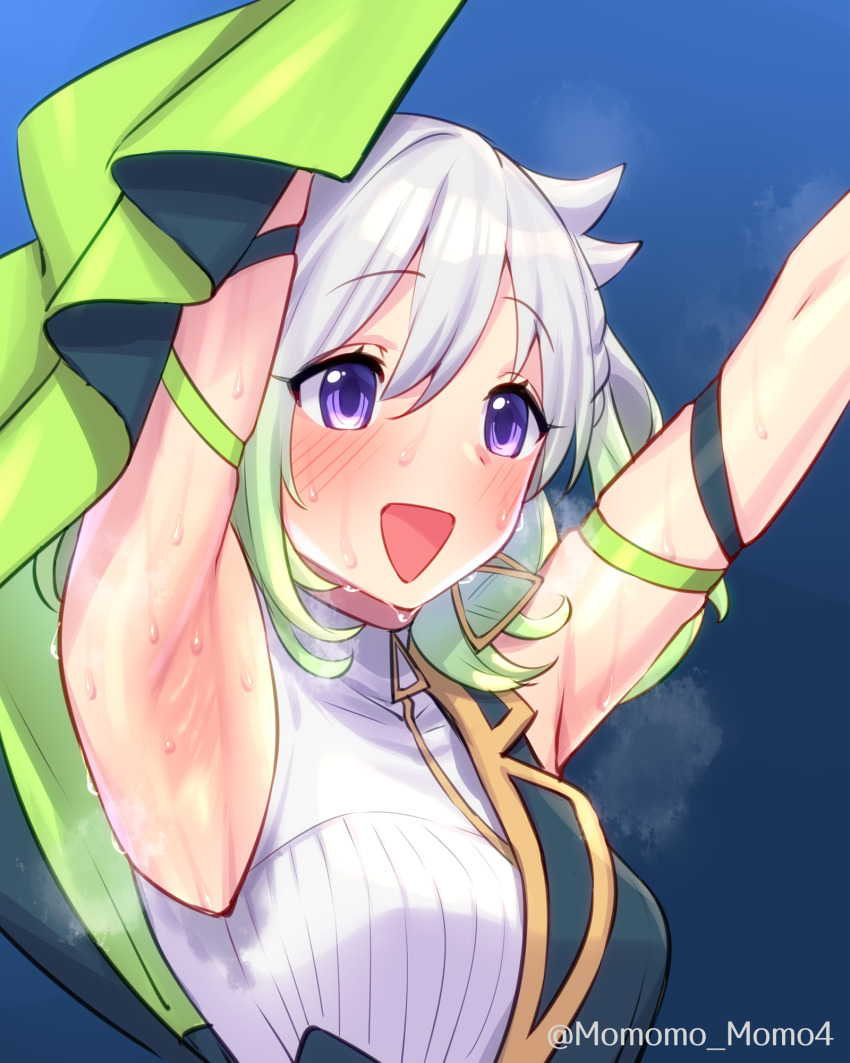 1girl armband armpits arms_up blue_background blush breasts dress eyelashes hair_between_eyes highres medium_breasts open_mouth outstretched_arms purple_eyes sidelocks sleeveless smile stained_clothes steam steaming_body sweat sweaty_clothes twitter_username upper_body virtual_youtuber white_hair yoshiwa_tomo yuni_(yuni_channel) yuni_channel