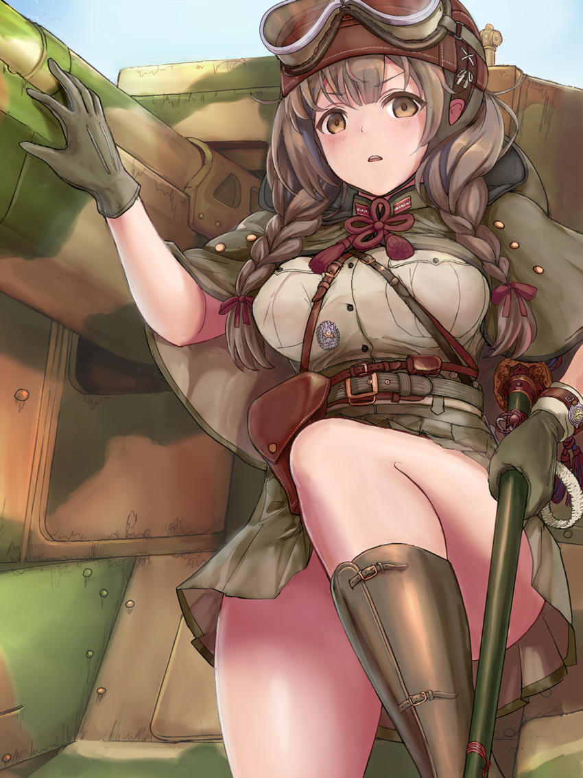 1girl belt boots breasts brown_eyes brown_hair em_s gloves helmet highres holding holding_weapon imperial_japanese_army kantai_collection katana large_breasts long_hair medal military military_uniform military_vehicle motor_vehicle open_mouth shinshuu_maru_(kancolle) skirt sword tank tank_destroyer watch weapon