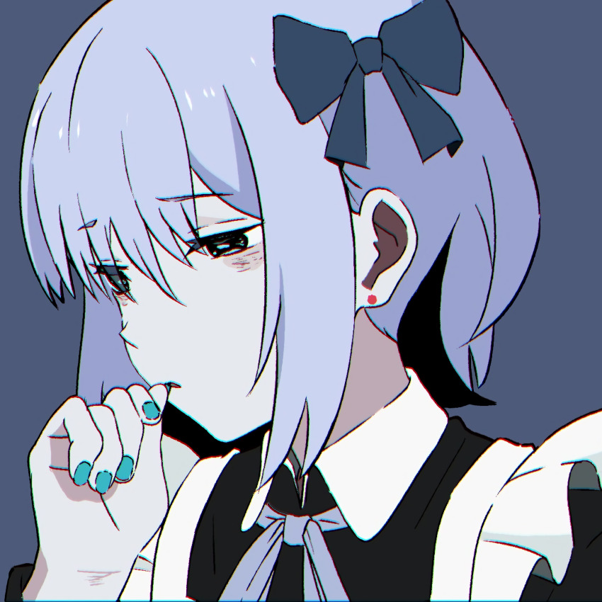 1girl absurdres album_cover apron bags_under_eyes biting black_eyes black_shirt blue_background blue_bow blue_hair blue_nails blue_ribbon bow collared_shirt cover earrings hair_between_eyes hair_bow half-closed_eye hand_up highres jewelry karada_wa_shoujiki_datte_itten_no_(vocaloid) looking_down nail_biting nail_polish neck_ribbon official_art portrait purple_hair radio1985head ribbon self-harm_scar shirt short_hair sidelocks simple_background solo stud_earrings white_apron
