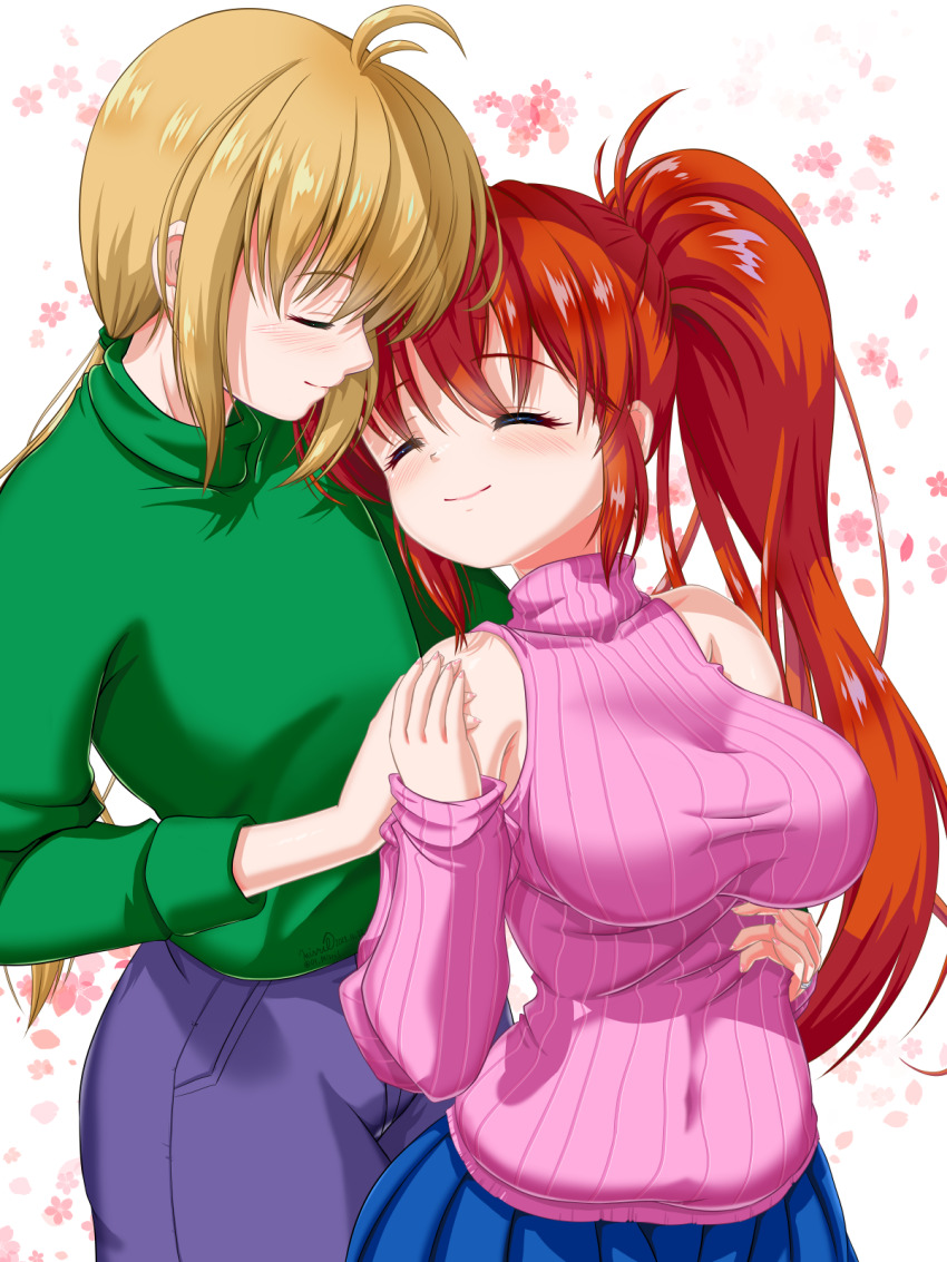 1boy 1girl bare_shoulders blonde_hair blush breasts brown_hair closed_eyes closed_mouth covered_navel hetero highres hug hug_from_behind large_breasts long_hair lyrical_nanoha mahou_shoujo_lyrical_nanoha_strikers misril pink_sweater ponytail simple_background smile sweater takamachi_nanoha yuuno_scrya