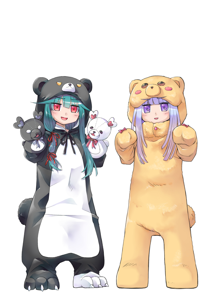 2girls animal_costume animal_hood aurora_sya_lis_kaymin bear_costume bear_hood blunt_bangs blush_stickers commentary_request crossover demon_wings green_hair hand_puppet highres hood keke_(user_zech7732) kuma_kuma_kuma_bear low-tied_sidelocks maou-jou_de_oyasumi multiple_girls puppet purple_eyes purple_hair red_eyes sidelocks simple_background trait_connection white_background wings yuna_(kuma_kuma_kuma_bear)