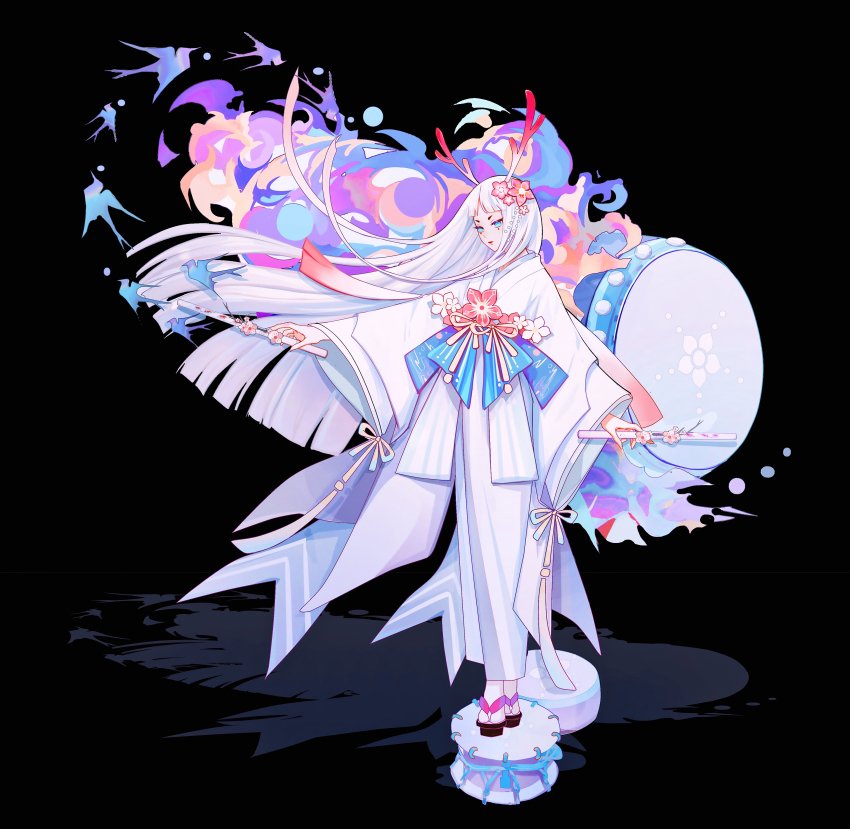 1girl absurdres antlers black_background blunt_bangs drum flower full_body gradient_horns hair_flower hair_ornament highres holding horns instrument japanese_clothes kimono long_hair long_sleeves multicolored_horns original pink_flower red_horns shadow shan_gui_yu_yao simple_background solo standing tsuzumi very_long_hair white_hair white_horns white_kimono wide_sleeves