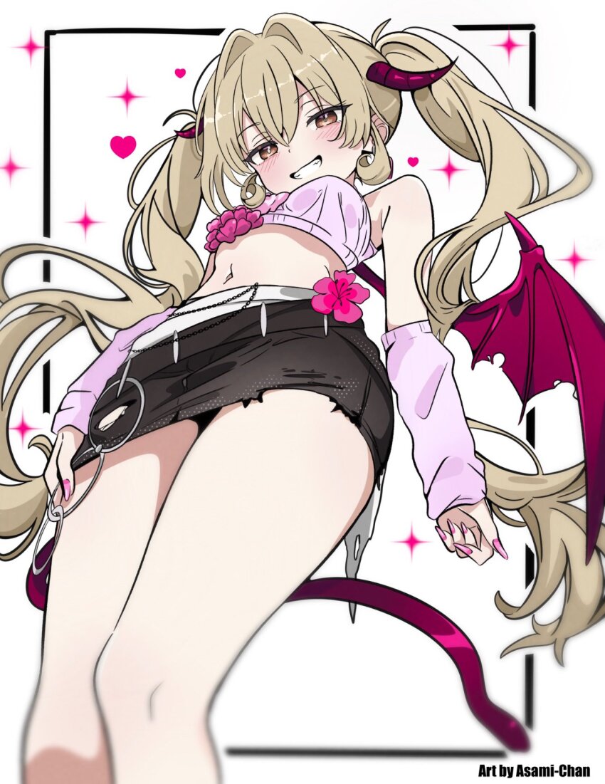 1girl :3 asami-chan black_skirt blonde_hair blush breasts brown_eyes character_request commission copyright_request curly_hair fingernails flower from_below grin highres horns long_fingernails looking_at_viewer midriff miniskirt navel pink_nails pink_shorts shorts skeb_commission skirt small_breasts smile solo sparkle tail twintails wings