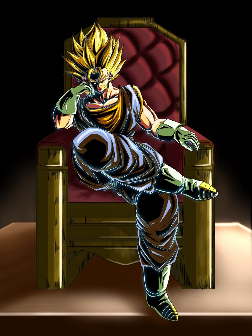 1boy absurdres black_background blonde_hair blue_pants blue_shirt boots dougi dragon_ball dragon_ball_z_dokkan_battle dragonball_z full_body gloves green_eyes highres male_focus medium_hair muscular muscular_male orange_shirt pants sai_t_d shadow shirt simple_background sitting solo spiked_hair super_saiyan super_saiyan_1 throne vegetto white_boots white_gloves