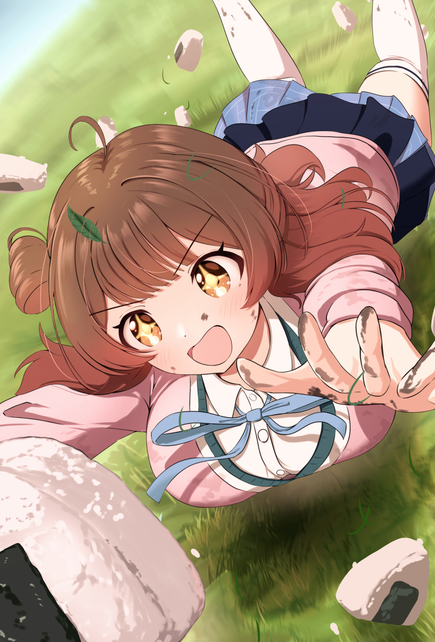 +_+ 1girl absurdres ahoge black_overskirt blue_ribbon blue_skirt blush breasts brown_hair cardigan commentary_request dirty dirty_face dirty_hands diving food gakuen_idolmaster gradient_hair grass hanami_ume hatsuboshi_gakuen_school_uniform highres idolmaster large_breasts leaf leaf_on_head looking_at_food multicolored_hair nanafuku neck_ribbon onigiri outdoors partial_commentary pink_cardigan pleated_skirt reaching ribbon school_uniform shirt skirt smile solo thighhighs white_shirt white_thighhighs