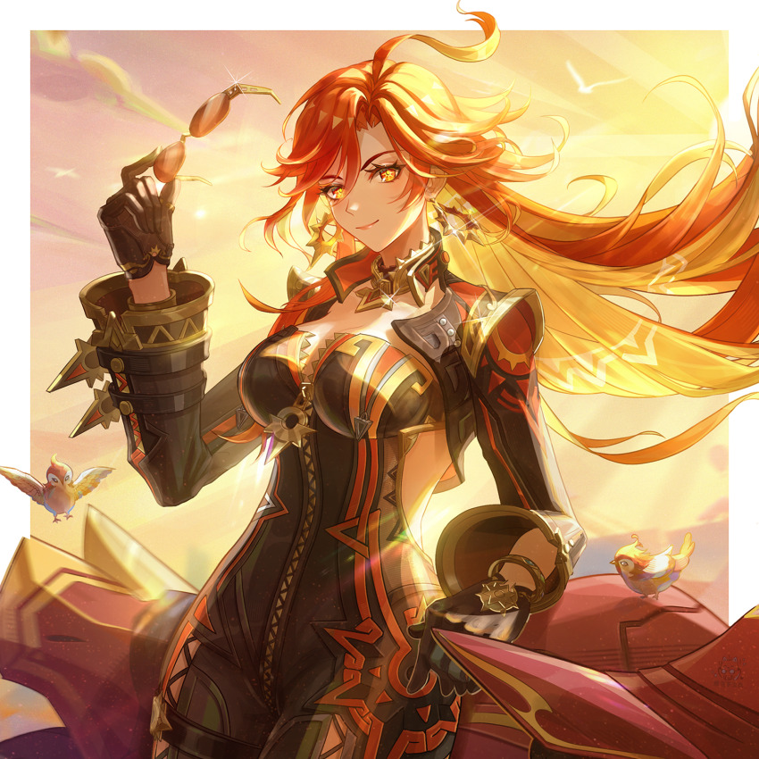 1girl ahoge biker_clothes bikesuit bird black_bodysuit black_gloves blonde_hair bodysuit border breasts closed_mouth colored_inner_hair commentary_request cowboy_shot earrings flamestrider_(genshin_impact) floating_hair genshin_impact gloves hair_between_eyes hand_up highres holding holding_removed_eyewear jewelry large_breasts long_hair long_sleeves looking_at_viewer manyu_chapaofan mavuika_(genshin_impact) motor_vehicle motorcycle multicolored_hair orange_eyes orange_hair orange_pupils outdoors partially_unzipped smile solo sun sun_earrings sunglasses sunlight sunrise unworn_eyewear very_long_hair white_border