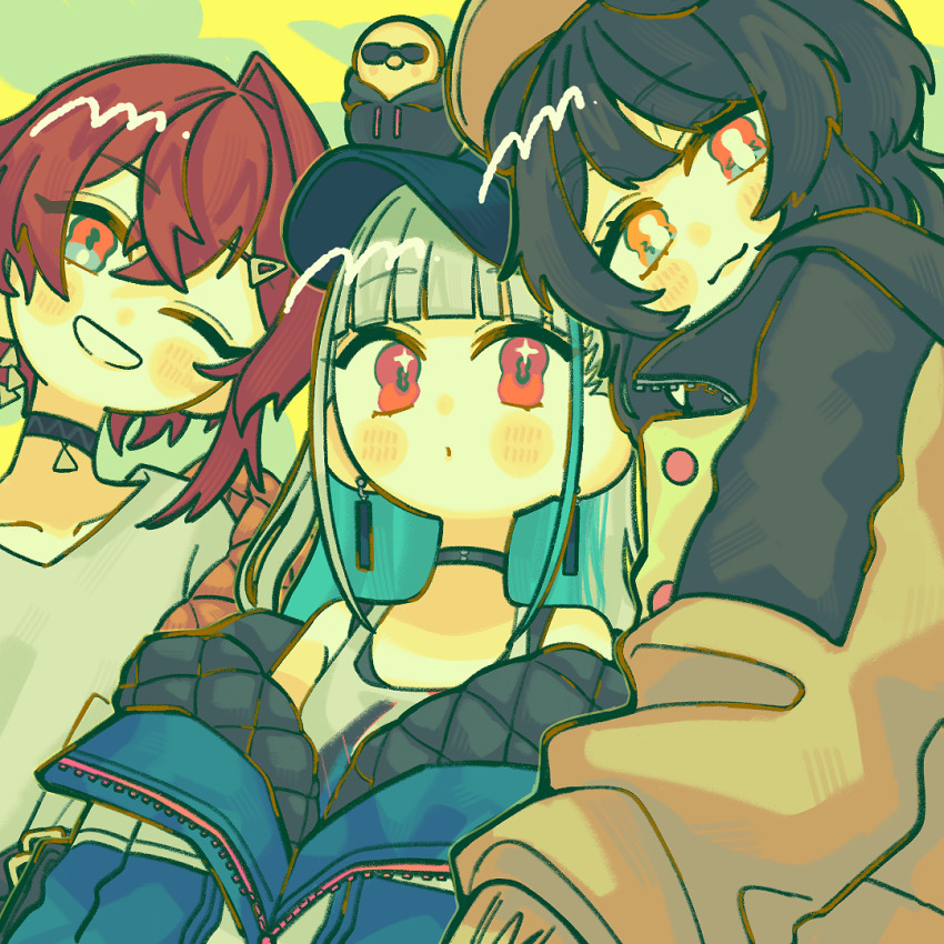 3girls ange_katrina ange_katrina_(5th_costume) animal animal_ears animal_on_head baseball_cap bird bird_on_head black_choker black_hair black_hoodie black_jacket blue_eyes blue_hair blue_hat blue_jacket blush bright_pupils brown_jacket choker closed_mouth clothed_animal collarbone colored_inner_hair commentary_request crossed_bangs dog_ears earrings ears_down fanged_bangs gold_earrings green_background grey_hair grin group_picture hair_ornament hairclip hat head_tilt heterochromia hood hoodie ichimaru_(ichimarururu514) inui_toko inui_toko_(8th_costume) jacket jewelry lize_helesta lize_helesta_(8th_costume) long_hair long_neck looking_at_viewer multicolored_eyes multicolored_hair multiple_girls nijisanji off_shoulder on_head one_eye_closed orange_eyes pendant_choker quilted_jacket red_eyes red_hair sanbaka_(nijisanji) sebastian_piyodore shirt short_hair single_earring single_hair_intake smile sparkling_eyes streaked_hair sunglasses tank_top triangle_earrings two-tone_background two-tone_eyes two-tone_hair upper_body virtual_youtuber white_pupils white_shirt white_tank_top yellow_background yellow_bird yellow_eyes