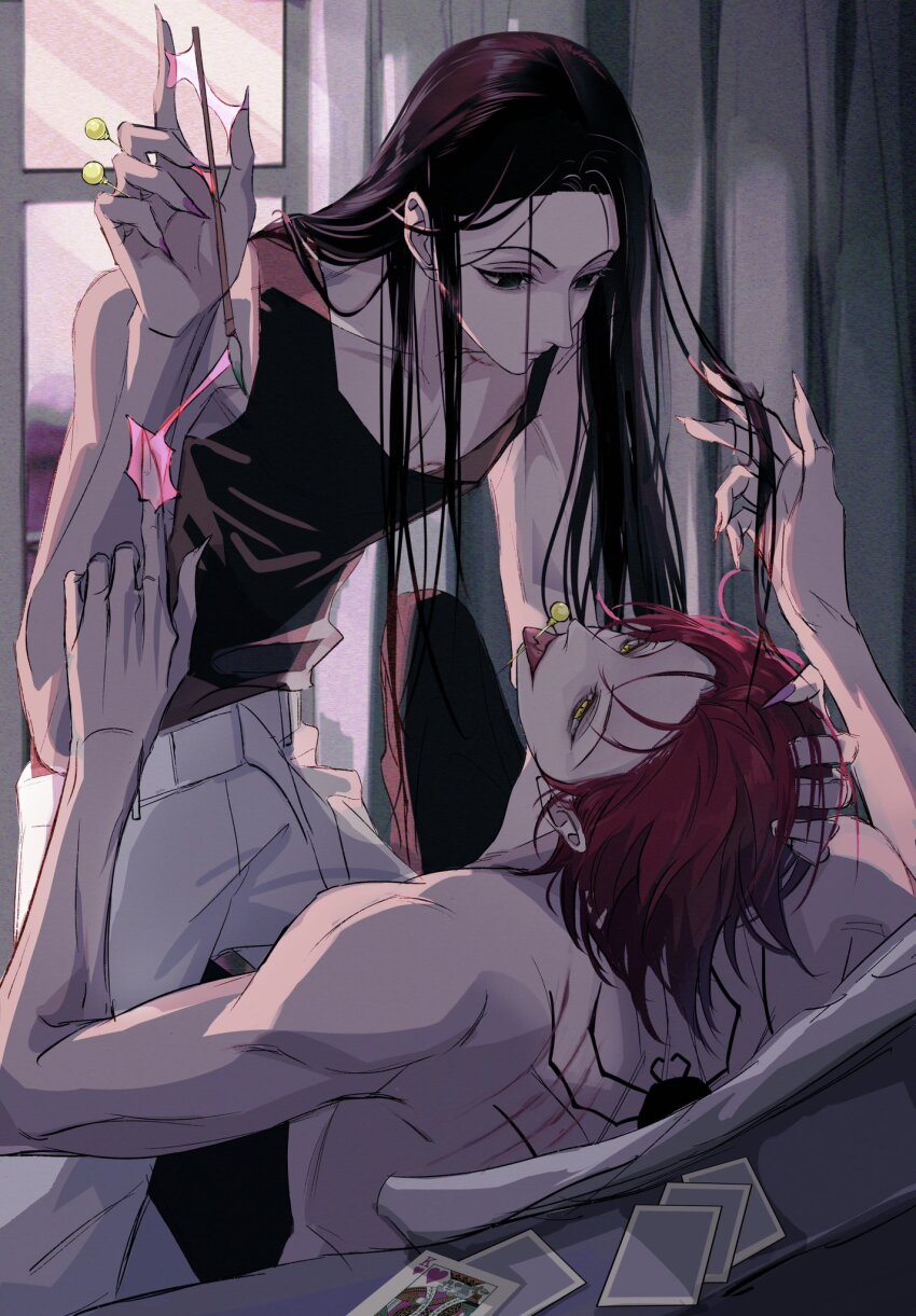 2boys back_tattoo black_eyes black_hair black_pants black_shirt card eye_contact fingernails hand_in_another&#039;s_hair highres hisoka_morow holding holding_brush holding_needle hunter_x_hunter illumi_zoldyck jz88 long_fingernails long_hair looking_at_another magic multiple_boys needle needle_in_mouth pants red_hair scratches shirt sleeveless sleeveless_shirt smile spider_tattoo straddling tattoo tongue tongue_out topless_male upright_straddle white_pants yaoi yellow_eyes