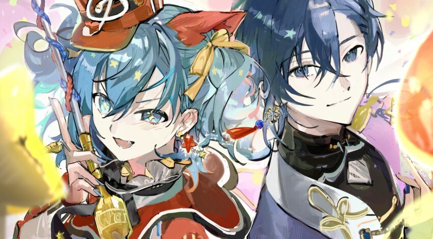 +_+ 1boy 1girl animal_ears blue_eyes blue_hair cat_ears closed_mouth conductor_baton earrings hair_ribbon hand_up hat hatsune_miku holding_baton jewelry kaito_(vocaloid) open_mouth project_sekai pyongtaro ribbon sekai_ni_hibike!_your_song_(project_sekai) shako_cap single_earring smile sparkling_eyes star_(symbol) star_earrings tassel tassel_earrings vocaloid wonderlands_x_showtime_kaito wonderlands_x_showtime_miku yellow_ribbon