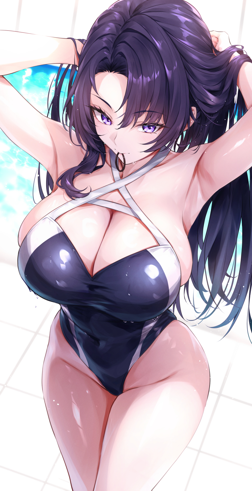 1girl absurdres ass bikini black_hair black_one-piece_swimsuit blue_eyes breasts commentary_request commission competition_swimsuit covered_navel cowboy_shot highleg highleg_one-piece_swimsuit highres large_breasts one-piece_swimsuit original purple_eyes purple_hair shiraiwa_usagi skeb_commission solo swimsuit thighs two-tone_swimsuit wet wet_clothes wet_swimsuit