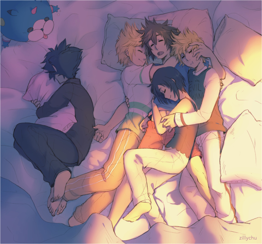 1girl 4boys alternate_costume arms_around_neck arms_around_waist barefoot black_hair black_pajamas blonde_hair blue_shirt closed_eyes collared_shirt commentary cuddling dawn dream_eater_(kingdom_hearts) english_commentary english_text facing_away full_body hand_on_another&#039;s_arm hand_on_another&#039;s_back hand_on_another&#039;s_head head_on_another&#039;s_stomach hugging_object kingdom_hearts lying male_focus multiple_boys on_back on_bed on_side orange_pants pajamas pants pillow pillow_hug red_shorts roxas shirt short_hair shorts sleeping smile socks sora_(kingdom_hearts) spiked_hair t-shirt tumblr_username under_covers vanitas_(kingdom_hearts) ventus_(kingdom_hearts) white_pants white_socks wondernyan_(kingdom_hearts) xion_(kingdom_hearts) zillychu