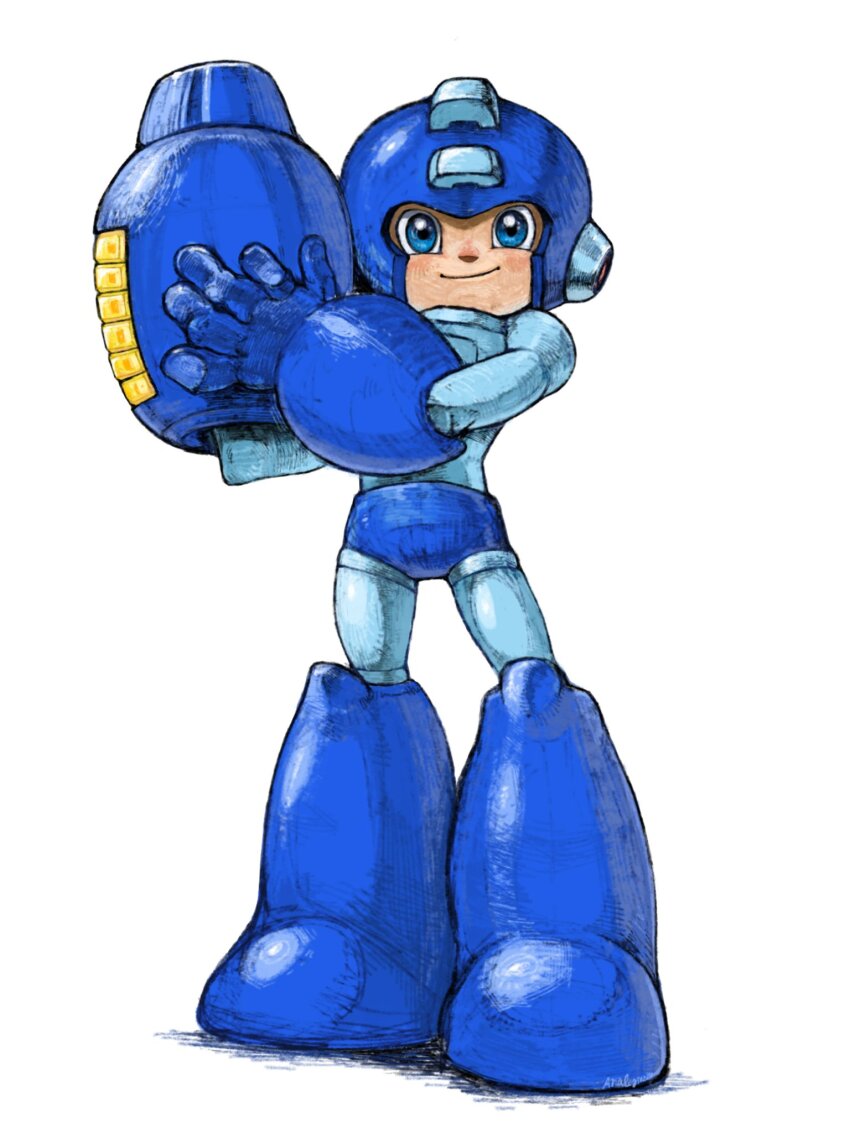 1boy analog_boy02 android arm_cannon blue_bodysuit blue_eyes blue_gloves blue_helmet bodysuit boots full_body gloves hands_up helmet highres knee_boots male_focus mega_man_(character) mega_man_(classic) mega_man_(series) smile solo standing weapon white_background