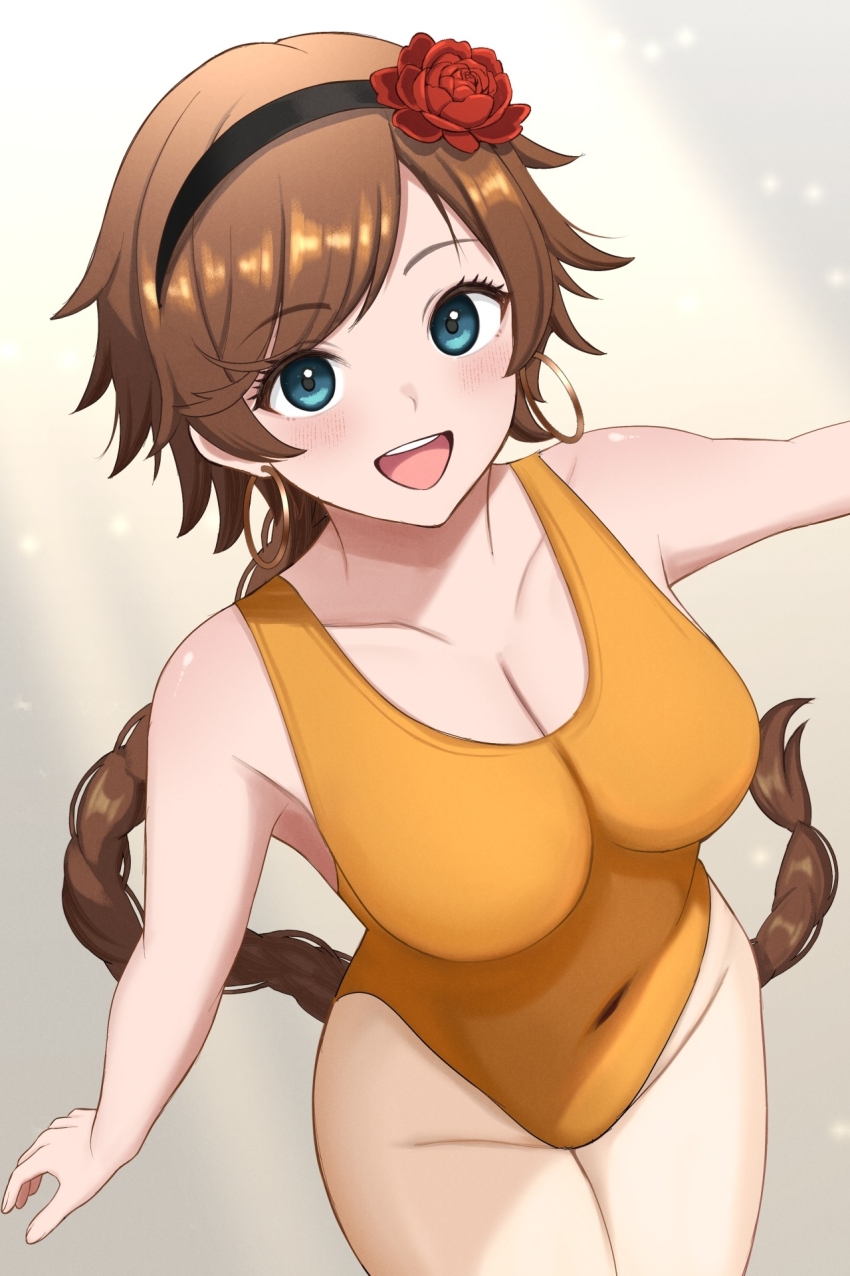 1girl :d agnea_bristarni bare_arms blue_eyes blush braid breasts brown_hair cleavage collarbone commentary_request covered_navel flower hair_flower hair_ornament hairband highres large_breasts long_hair looking_at_viewer octopath_traveler octopath_traveler:_champions_of_the_continent one-piece_swimsuit open_mouth orange_one-piece_swimsuit red_flower rose smile solo standing surippa1010 swimsuit teeth upper_teeth_only very_long_hair