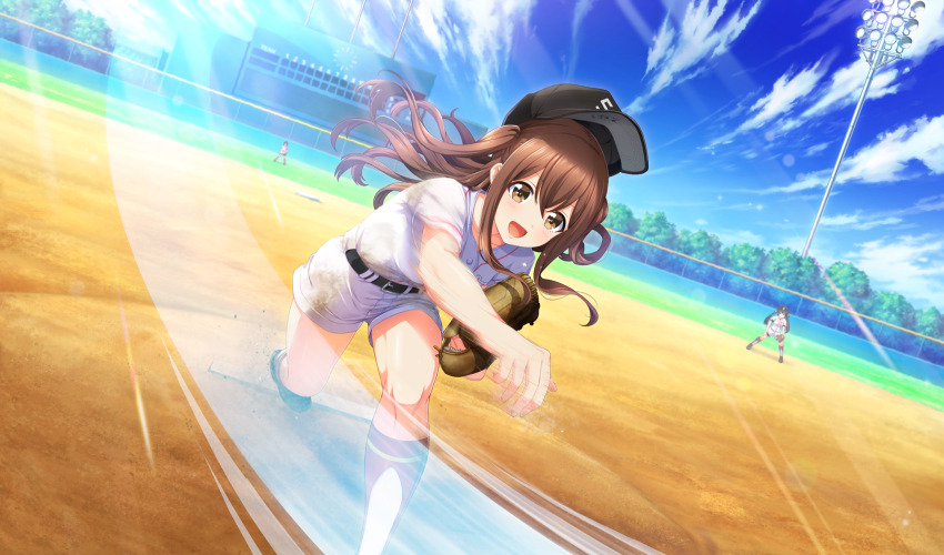 3girls :d baseball baseball_cap baseball_glove baseball_stadium baseball_uniform belt belt_buckle black_belt black_footwear black_hair black_hat blurry brown_eyes brown_hair buckle cinderella_series cloud depth_of_field dust_cloud dutch_angle fujita_sumire game_cg hachigatsu_no_cinderella_nine hat highres kneehighs light_rays long_hair motion_blur motion_lines multiple_girls non-web_source official_art open_mouth outdoors pitching pitching_mound playing_sports scoreboard shirt short_sleeves shorts sidelocks sky smile socks solo_focus speed_lines sportswear sunbeam sunlight takeda_yomi tamayomi twintails two_side_up white_shirt white_shorts