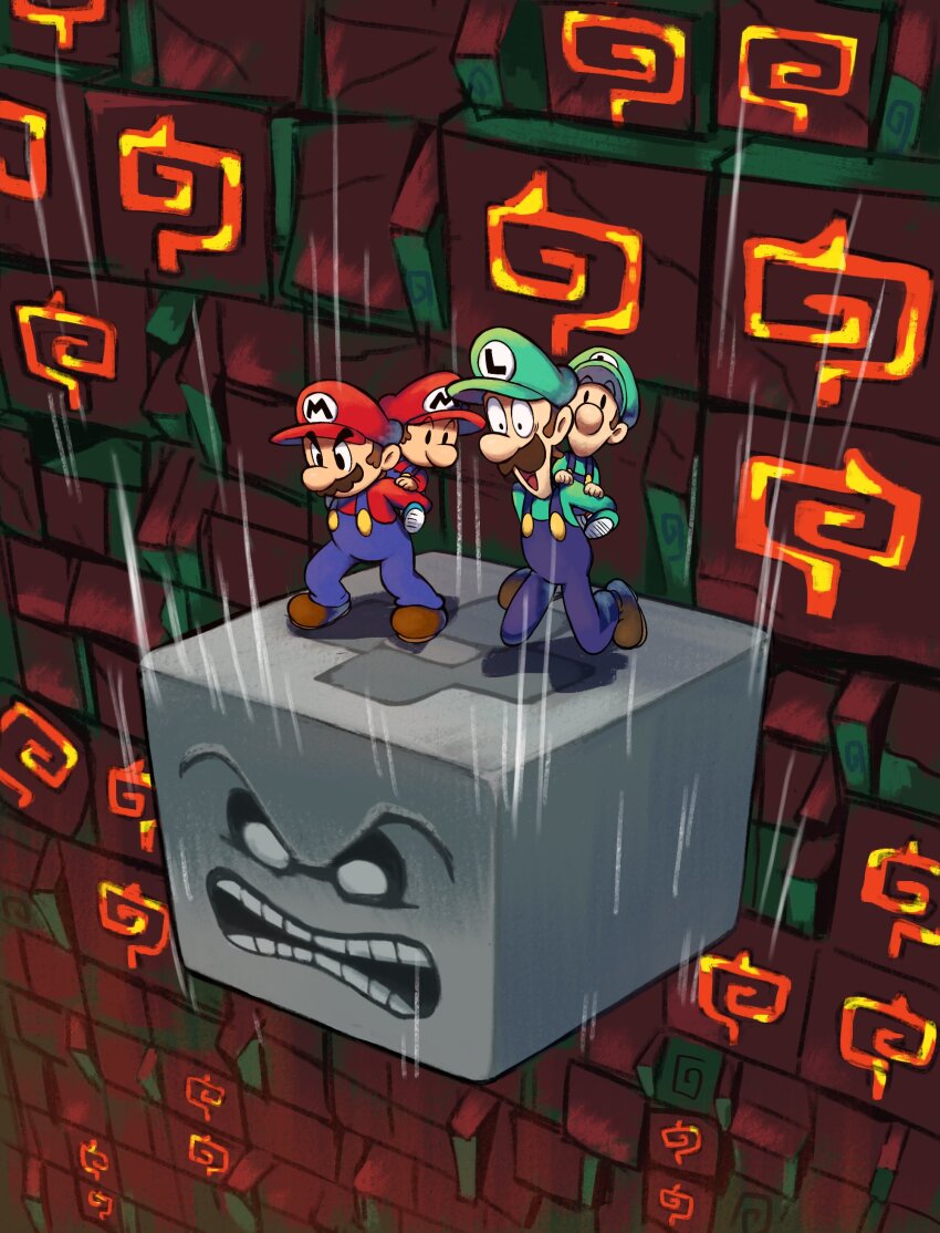 4boys absurdres baby_luigi baby_mario blue_overalls boots brothers brown_footwear brown_hair carrying facial_hair gloves green_hat green_shirt hat highres luigi mario mario_&amp;_luigi:_partners_in_time mario_&amp;_luigi_rpg mario_(series) masanori_sato_(style) multiple_boys mustache nintendo open_mouth overalls piggyback red_hat red_shirt shirt short_hair siblings stone_wall thwomp_elevator white_gloves ya_mari_6363