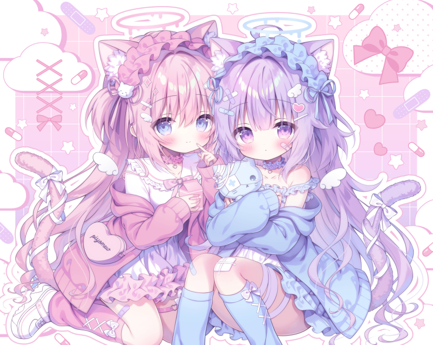 2girls ahoge animal_ear_fluff animal_ears aqua_cardigan aqua_choker aqua_eyes aqua_halo aqua_leg_warmers aqua_ribbon bag bandaid bandaid_hair_ornament bandaid_on_face bandaid_on_leg bandaid_print blush border bow bow_print bowtie cardigan cat_ears cat_girl cat_hair_ornament cat_tail choker closed_mouth cloud_print drink drinking_straw finger_to_mouth frilled_choker frilled_sailor_collar frilled_shirt frilled_shirt_collar frills hair_between_eyes hair_ornament halo heart heart-shaped_bag heart_hair_ornament heart_necklace heart_print holding holding_drink hugging_doll hugging_object jewelry kamishiro_piyo kneeling leg_belt leg_warmers long_sleeves maid_headdress milk_carton multiple_girls necklace open_cardigan open_clothes original pill_print pink_background pink_bow pink_bowtie pink_cardigan pink_choker pink_hair pink_halo pink_leg_warmers pink_ribbon purple_eyes purple_hair ribbon sailor_collar shirt shoes shoulder_bag sidelocks sitting smile sneakers sparkle_hair_ornament star_(symbol) star_print stuffed_animal stuffed_cat stuffed_toy tail tail_bow tail_ornament white_border white_bow white_footwear white_sailor_collar white_shirt white_shoes white_wings wing_hair_ornament wings x_hair_ornament yami_kawaii yume_kawaii
