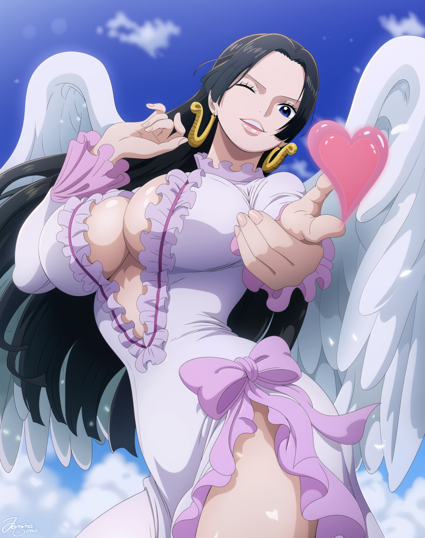 absurdres angel_wings black_hair blue_eyes boa_hancock breasts cleavage_cutout clothing_cutout cloud cupid dress earrings frills heaven highres jemmasoria jewelry large_breasts light_smile long_hair looking_at_viewer one_eye_closed one_piece parted_lips white_dress wings