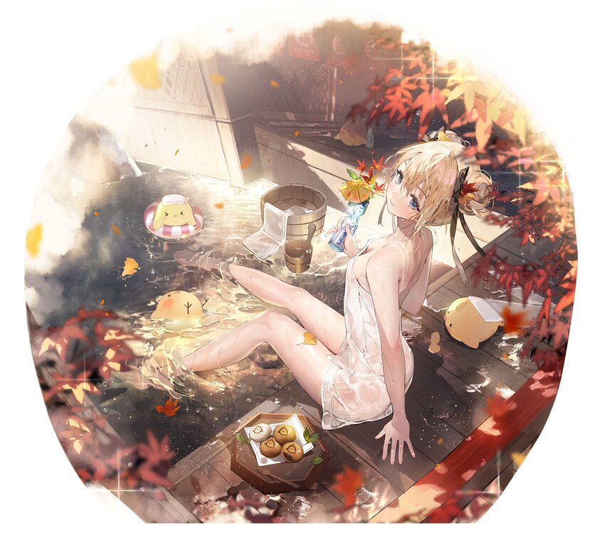 1girl absurdres afloat_leaves artist_request azur_lane steamed_bun bare_arms bare_legs bare_shoulders barefoot black_ribbon blonde_hair blue_eyes bottle bucket dead_or_alive dead_or_alive_5 double_bun dress feet food hair_bun highres holding holding_bottle innertube leaf legs looking_at_viewer manjuu_(azur_lane) marie_rose marie_rose_(steamy_venus) naked_towel official_alternate_costume official_art onsen ramune ribbon sitting soaking_feet swim_ring tan tanline toenails toes towel water wet wet_towel wooden_bucket wooden_floor