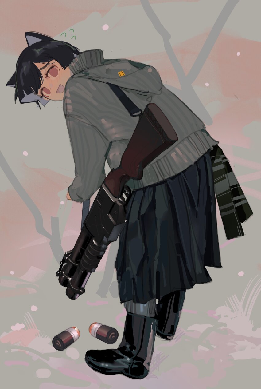 1girl 40x46_lv_hedp_m433 40x46mm_lv absurdres animal_ears anti-materiel_cartridge black_boots black_hair black_skirt boots china_lake_grenade_launcher commentary commission english_commentary explosive flying_sweatdrops fragmentation_grenade from_behind grenade grenade_cartridge grenade_launcher grey_jacket high-explosive_cartridge high-explosive_dual-purpose_cartridge high-low_system highres hood hood_down hooded_jacket jacket leaning_forward long_sleeves looking_at_viewer looking_back original pleated_skirt polilla prototype_design pump-action_grenade_launcher short_hair skirt solo weapon