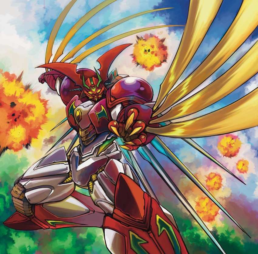 absurdres arm_blade armor bat_wings battle biomechanical blue_sky claws cloud explosion explosion_background feet_out_of_frame flying full_body getter_arc getter_robo getter_robo_arc head_wings highres knee_up looking_at_viewer mecha mecha_focus multicolored_armor outstretched_arms outstretched_hand red_armor red_wings robot sky spread_arms super_robot tree weapon white_armor wings yamanushi yellow_eyes
