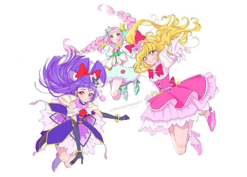 3girls anklet asahina_mirai black_gloves black_hat blonde_hair blunt_bangs bow bracelet braid cure_felice cure_magical cure_miracle elbow_gloves floating_hair flower full_body gloves green_eyes grin hair_bow hair_flower hair_ornament hanami_kotoha hat highres izayoi_liko jewelry layered_skirt long_hair mahou_girls_precure! mini_hat multicolored_skirt multiple_girls outstretched_arm pink_hair pink_hat pink_skirt precure purple_eyes purple_hair red_bow red_eyes shirako_love shirt simple_background skirt smile twin_braids underbust very_long_hair white_background white_flower white_shirt white_skirt witch_hat