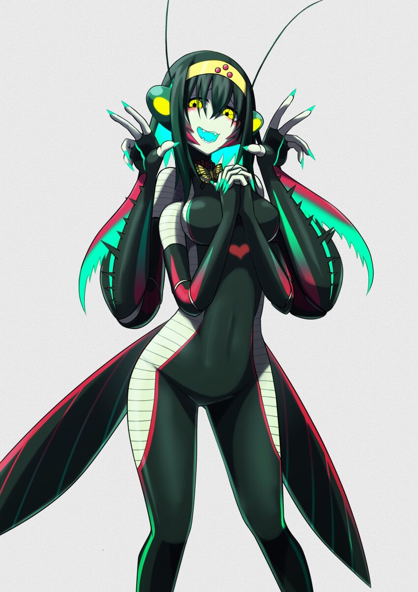 1girl absurdres antennae arthropod_girl arthropod_limbs blue_hair breasts collar colored_inner_hair colored_skin colored_tongue compound_eyes extra_eyes extra_hands fangs fingernails glowing glowing_hair glowing_mouth glowing_nails green_eyes green_hair green_nails green_skin green_tongue grey_background hands_up highres insect_wings looking_at_viewer mantis_girl medium_breasts medium_hair monster_girl multicolored_hair open_mouth original own_hands_clasped own_hands_together red_collar sharp_fingernails sharp_teeth simple_background skin_tight solo standing teeth toipokun_oyashi wings