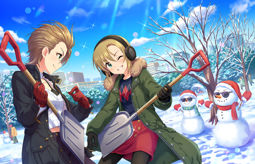 2girls artist_request bare_tree black_coat black_gloves black_pantyhose blonde_hair blue_scarf blue_sky blue_sweater blush brown_hair building carrot city closed_mouth cloud coat day eyelashes gloves green_coat green_eyes hat headphones holding holding_shovel idolmaster idolmaster_cinderella_girls idolmaster_cinderella_girls_starlight_stage kimura_natsuki mittens multiple_girls official_art one_eye_closed open_clothes open_coat outdoors pantyhose red_gloves red_hat red_mittens red_scarf red_skirt santa_hat scarf short_hair shovel skirt sky smile snow snow_shovel snowman sparkle sunglasses sunlight sweater tada_riina teeth third-party_source tree winter