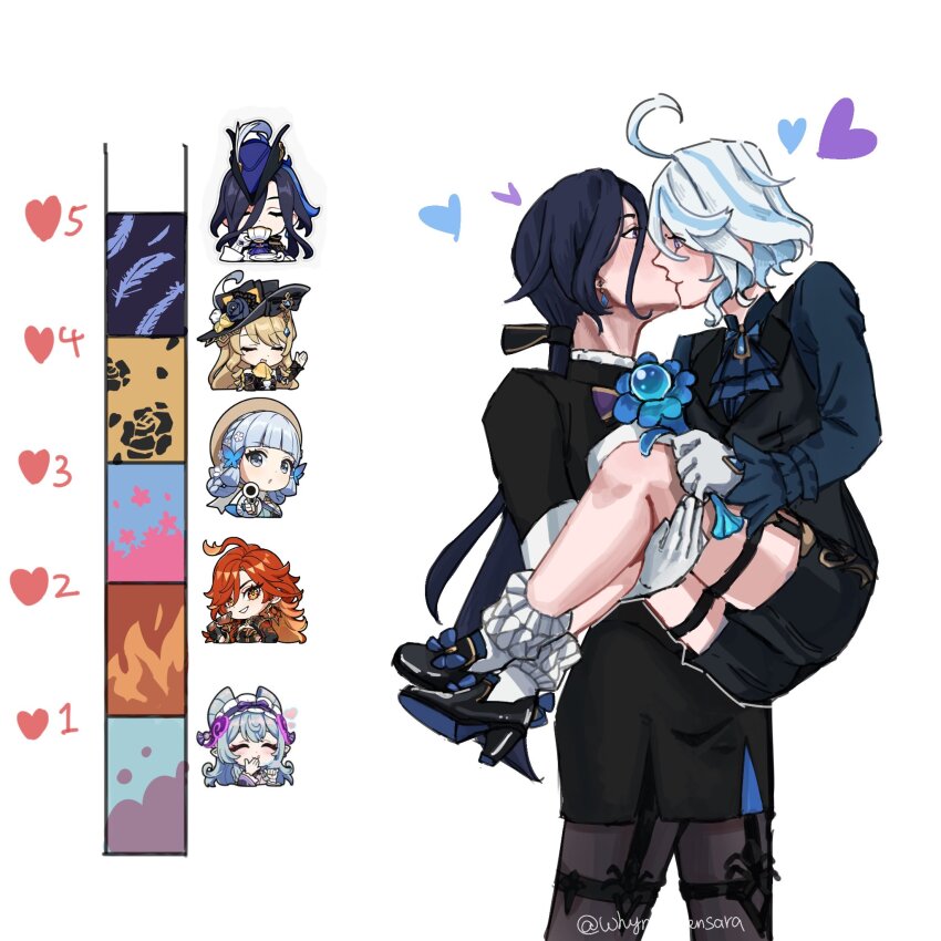 6+girls ahoge aiming aiming_at_viewer ascot ayaka_(genshin_impact) bakeryowl black_hat black_jacket black_pantyhose black_skirt blonde_hair blue_ascot blue_eyes blue_shirt blue_streaks carrying clorinde_(genshin_impact) closed_eyes commentary cup earrings english_commentary furina_(genshin_impact) genshin_impact gloves gun hat heart highres holding holding_gun holding_weapon jacket jewelry kiss kiss_meter_(meme) long_hair mavuika_(genshin_impact) meme multiple_girls navia_(genshin_impact) pantyhose ponytail princess_carry purple_hair red_eyes red_hair shirt short_hair simple_background skirt teacup thigh_strap weapon white_background white_gloves white_hair yumemizuki_mizuki yuri