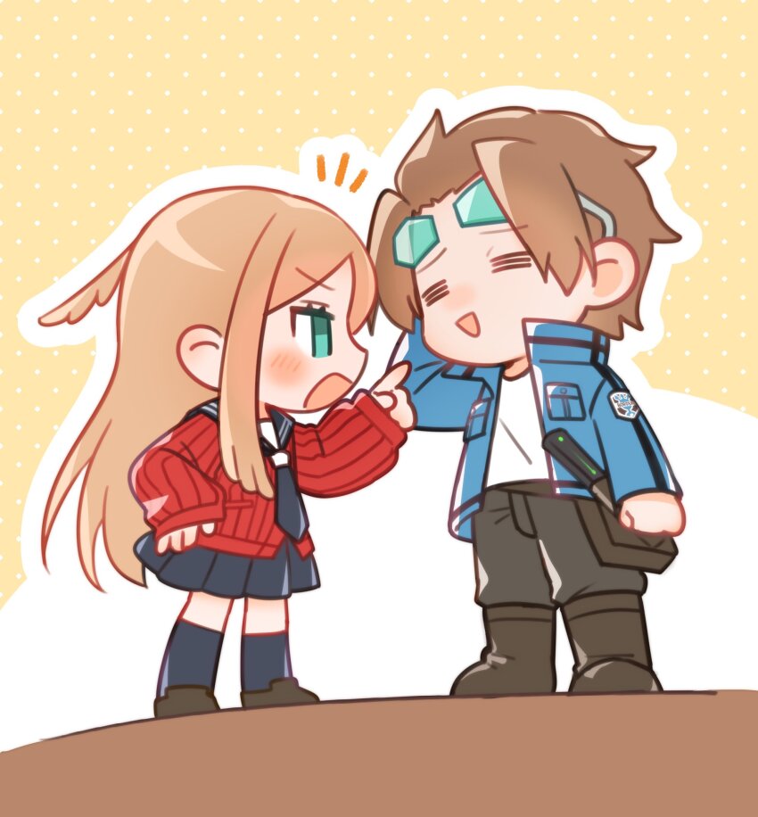 1boy 1girl =_= black_boots black_necktie black_pants black_skirt blue_eyes blue_jacket boots brown_hair cardigan chibi eyewear_on_head hand_up highres jacket jin_yuuichi konami_kirie long_hair long_sleeves namauni_moku necktie open_mouth orange_hair pants pointing pointing_at_another profile red_cardigan school_uniform shirt short_hair skirt smile standing white_shirt world_trigger yellow_background