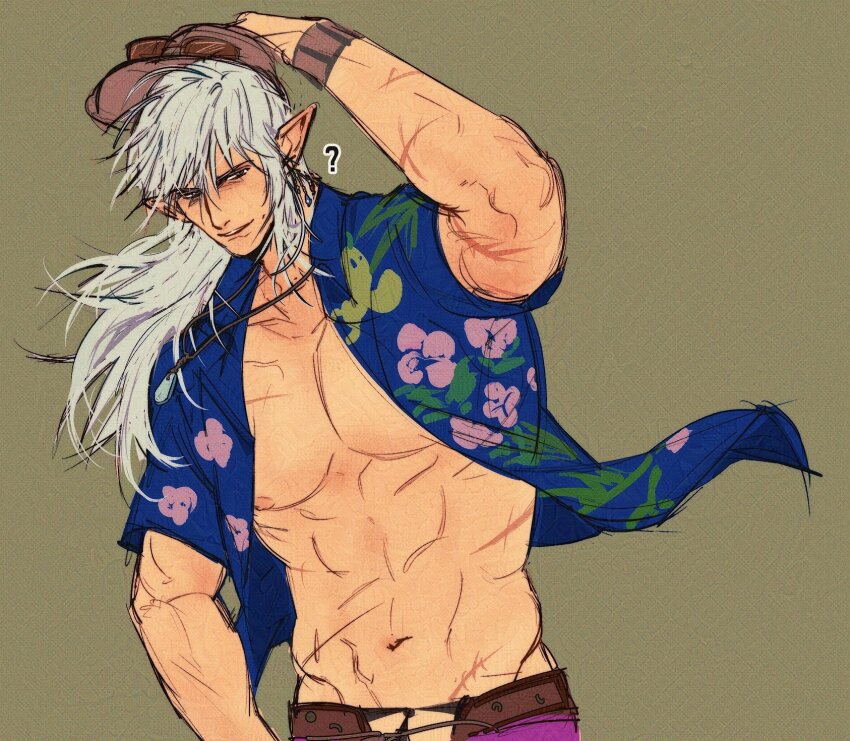 1boy ? abs alternate_costume arm_up bare_pectorals brown_background collarbone commentary_request cowboy_shot doong_24 elezen elf estinien_varlineau final_fantasy final_fantasy_xiv groin hat hawaiian_shirt highres jewelry korean_commentary long_hair long_pointy_ears looking_to_the_side male_focus navel necklace nipples open_clothes open_shirt parted_lips pectorals pointy_ears scar scar_on_arm scar_on_chest shirt short_sleeves sideways_glance smile solo white_hair