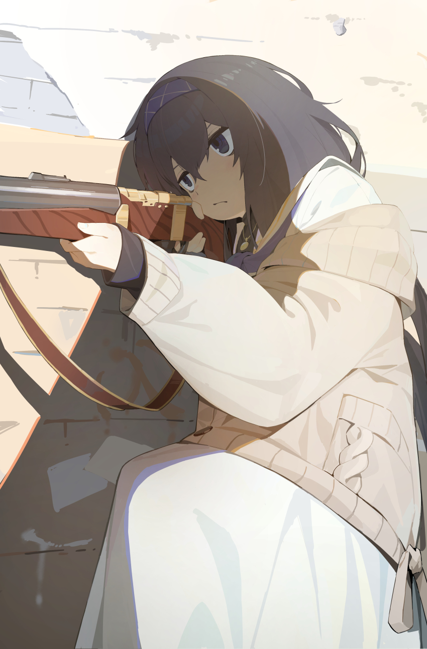 1girl absurdres aiming bags_under_eyes black_hair blue_archive blue_eyes blue_hairband blue_neckerchief blush bolt-action_rifle bolt_action brick_wall carbine cardigan chadlink chinese_commentary closed_mouth commission de_lisle_carbine finger_on_trigger gun gun_sling hair_between_eyes hairband highres holding holding_gun holding_weapon integral_suppressor integrally-suppressed_firearm jewelry kneeling long_hair long_skirt neckerchief necklace off_shoulder on_one_knee pendant pistol-caliber_carbine pixiv_commission rifle school_uniform serafuku skirt solo suppressor sweater ui_(blue_archive) weapon