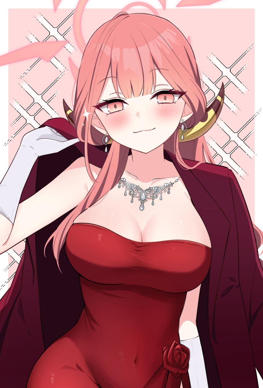absurdres adjusting_clothes aru_(blue_archive) aru_(dress)_(blue_archive) blue_archive blush breasts brown_horns cleavage closed_mouth coat coat_on_shoulders collarbone commentary_request covered_navel demon_horns diamond_necklace dress earrings gloves halo highres horns jewelry long_hair necklace official_alternate_costume papiko_(mochipapiko) pink_eyes pink_hair pink_halo red_coat red_dress smile sparkle strapless strapless_dress wavy_ends white_gloves