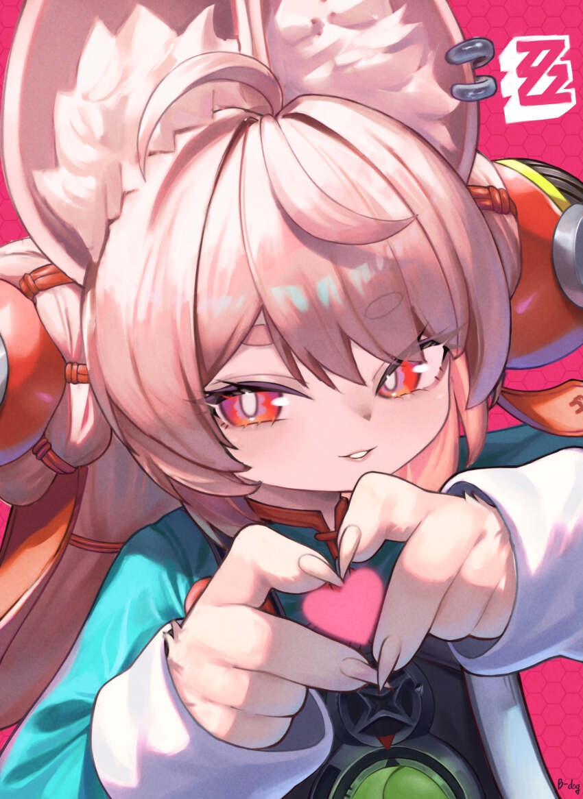 absurdres ahoge animal_ear_fluff animal_ear_piercing animal_ears artist_name braid braided_twintails bright_pupils chinese_clothes claws commentary_request copyright_logo four-finger_heart_hands furry furry_female green_shirt heart heart_hands highres honeycomb_(pattern) honeycomb_background lechiennoir logo long_hair looking_at_viewer mandarin_collar medallion parted_lips pink_background pink_fur pink_hair rabbit_ears rabbit_girl red_eyes screw shirt short_eyebrows thick_eyebrows upper_body white_pupils zenless_zone_zero zhao_(zenless_zone_zero)