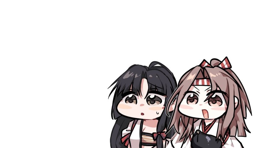 2girls bandeau black_hair brown_bandeau brown_eyes enneh grey_hair hadanugi_dousa headband japanese_clothes kantai_collection kimono kosode long_hair multiple_girls muneate negative_space open_clothes open_kimono open_mouth ponytail shouhou_(kancolle) simple_background striped_headband upper_body white_background zuihou_(kancolle)