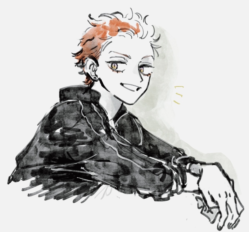 1boy crossed_wrists earrings from_side grin harai_kuko hypnosis_mic jacket jewelry leaning_forward lips looking_at_viewer notice_lines parted_lips red_hair smile stud_earrings terichikiumai track_jacket white_background yellow_eyes