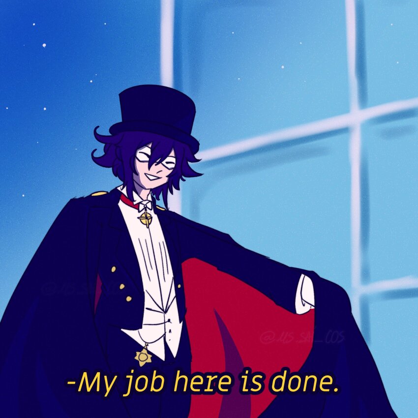 1boy black_cape black_hair black_hat black_jacket black_pants cape catilmams collared_shirt cosplay danganronpa_(series) danganronpa_v3:_killing_harmony english_text flipped_hair grin hair_between_eyes hat highres jacket long_sleeves medium_hair meme my_job_here_is_done_(meme) oma_kokichi open_clothes open_jacket pants red_cape shirt smile solo subtitled teeth top_hat tuxedo_kamen tuxedo_kamen_(cosplay) white_shirt