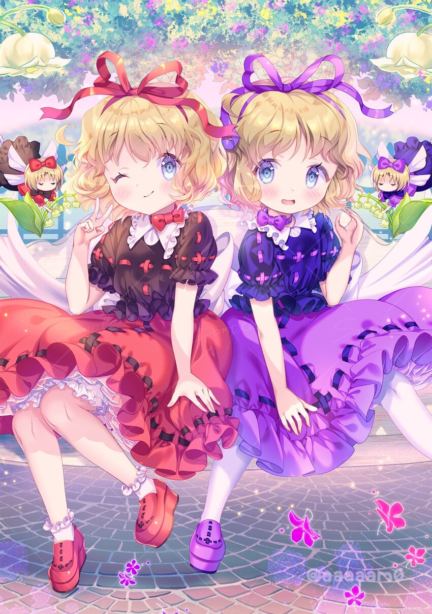 2girls amo_(shibu3) black_shirt blonde_hair blue_eyes blush bow bow_choker choker closed_eyes closed_mouth commentary_request dual_persona fairy_wings flower hair_bow hair_ribbon highres holding holding_flower lily_of_the_valley looking_at_viewer medicine_melancholy multiple_girls official_alternate_color one_eye_closed open_mouth pantyhose phantasmagoria_of_flower_view purple_bow purple_ribbon purple_shirt purple_shoes purple_skirt red_bow red_ribbon red_shoes ribbon ribbon-trimmed_shirt ribbon_trim shirt shoes short_sleeves sitting skirt smile su-san touhou twitter_username v white_pantyhose wings