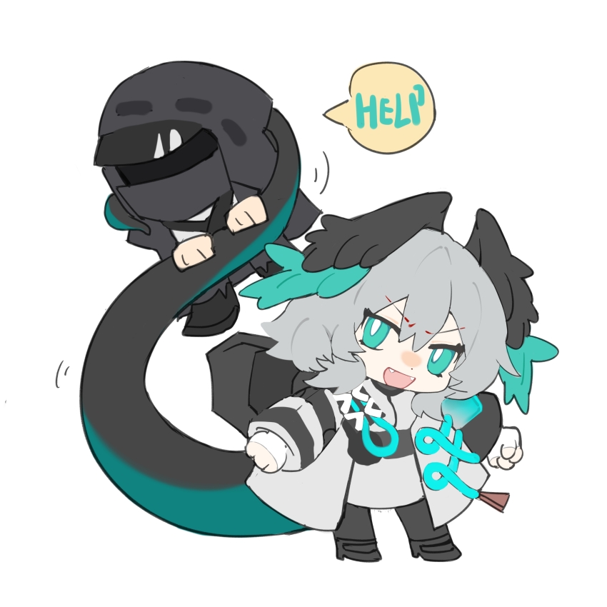 absurdres aqua_eyes arknights black_pantyhose black_shoes chibi chibi_only chinese_commentary coat doctor_(arknights) fangs fingerless_gloves gloves grey_coat grey_hair hair_between_eyes head_wings helmet highres ho&#039;olheyak_(arknights) hood hood_up long_sleeves looking_at_viewer looking_to_the_side looking_up male_doctor_(arknights) open_clothes open_coat open_mouth pantyhose shoes short_hair snake_tail standing tail white_gloves wings yishengjun37628