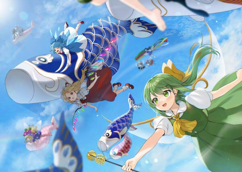 6+girls :d :o ;d american_flag_dress ascot black_hair blonde_hair blue_dress blue_eyes blue_sky blurry blurry_background bow children&#039;s_day cirno cloud clownpiece collared_shirt commentary daiyousei day detached_wings dress eternity_larva fairy_wings flandre_scarlet flying gotou_(nekocat) green_eyes green_hair green_ribbon green_skirt green_vest hair_bow hat highres ice ice_wings jester_cap koinobori lens_flare lily_white long_hair luna_child mary_janes mob_cap multiple_girls one_eye_closed one_side_up open_mouth out_of_frame outdoors outstretched_arm pantyhose pointy_ears purple_hat purple_ribbon red_eyes red_pantyhose red_ribbon red_shoes red_skirt red_vest ribbon shirt shoes skirt sky smile socks star_sapphire striped_clothes striped_pantyhose sunny_milk touhou vest white_dress white_hat white_ribbon white_shirt white_socks windsock wings yellow_ascot yellow_bow yellow_ribbon