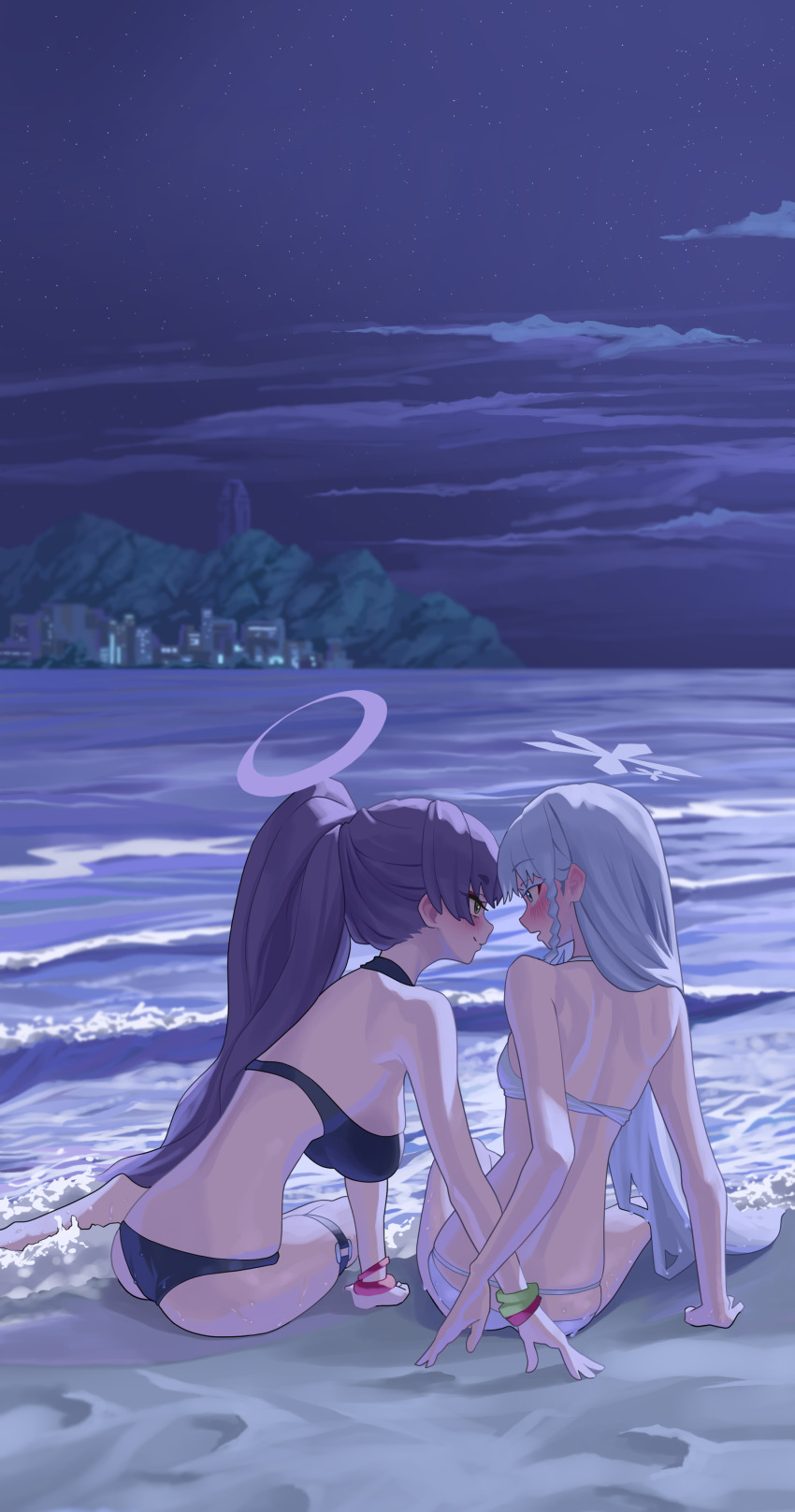 2girls absurdres back beach bikini black_bikini blue_archive breasts closed_mouth commentary_request halo highres korean_commentary large_breasts long_hair looking_at_another multiple_girls nagusa_(blue_archive) nagusa_(swimsuit)_(blue_archive) night ocean official_alternate_costume official_alternate_hairstyle okokorika open_mouth outdoors ponytail purple_hair sitting sky small_breasts swimsuit thigh_strap very_long_hair water white_bikini wristband yukari_(blue_archive) yukari_(swimsuit)_(blue_archive) yuri