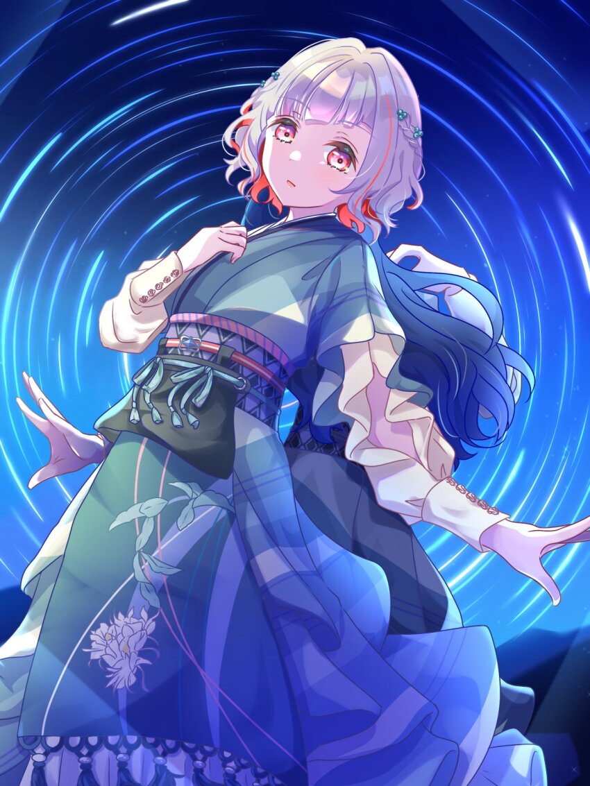 2girls arm_cutout back-to-back blue_hair colored_inner_hair commentary dark_blue_hair diagonal_bangs dollchestra feet_out_of_frame floral_print frilled_sleeves frills green_kimono grey_hair hair_bobbles hair_ornament hand_on_own_chest highres japanese_clothes kimono layered_sleeves link!_like!_love_live! long_sleeves looking_at_viewer love_live! multicolored_hair multiple_girls murano_sayaka night night_sky official_alternate_costume parted_lips pink_eyes red_hair sakari_(pear_8_ll) short_hair short_over_long_sleeves short_sleeves sky solo_focus star_trail streaked_hair striped_clothes striped_kimono symbol-only_commentary take_it_over_(love_live!) virtual_youtuber wavy_ends yugiri_tsuzuri