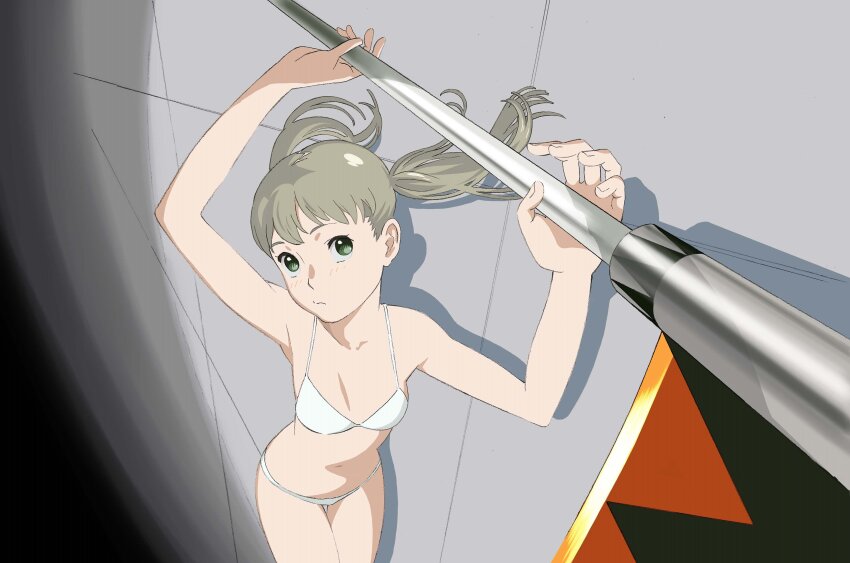 1girl absurdres bikini blonde_hair closed_mouth green_eyes highres long_hair looking_at_viewer maka_albarn nakamura_yutaka scythe solo soul_eater swimsuit twintails weapon white_bikini