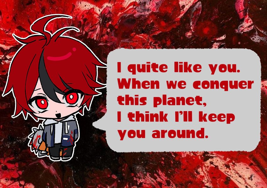 1boy ahoge black_background black_hair blood_on_clothes chibi electric_saw english_text full_body hair_between_eyes highres holding holding_saw holding_weapon looking_at_viewer male_focus messy_hair multicolored_hair open_mouth power_saw red_background red_eyes red_hair saw solo solo_focus speech_bubble sumino_takumi takumi-g_(hundred_line) the_hundred_line_-last_defense_academy- weapon